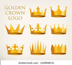 Set of isolated monarch crowns icons or golden 3d king, queen headdress logo, prince or princess realistic tiara logotype, heraldic diadem or royal game icon. Gold heraldry and coronation, award