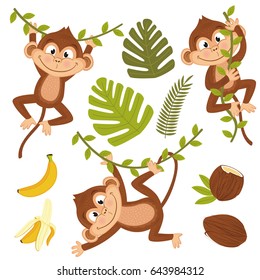 set of isolated monkey with plants and fruits - vector illustration, eps
