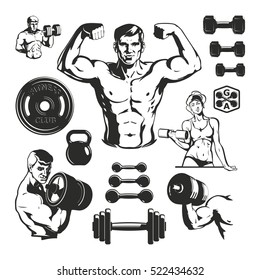 Set of isolated monochrome fitness images with athlete characters dumbbells barbells of different size and weight vector illustration