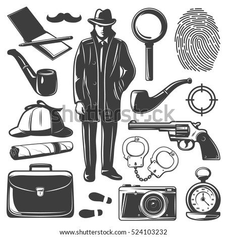 Set of isolated monochrome old style drawn detective elements with professional spy gear pipe and notebook vector illustration