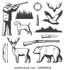 Set Of Isolated Monochrome Retro Style Symbols Of Wild Nature Animals Birds And Hunting Gear Elements Vector Illustration