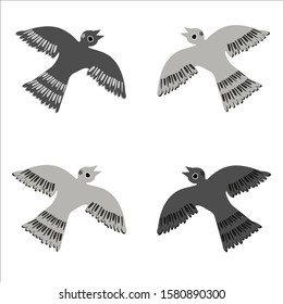 Set with isolated Monochrome silhouettes Birds dove or pigeon in White, Gray and Black colors in folk style. Print or Poster Design, dishes and clothes