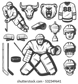 Set of isolated monochrome vintage hockey league emblem elements with player characters ammo mascots and cup vector illustration