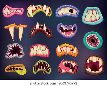 Set with isolated monster mouth color icons with colorful lips and tusk teeth of different shape vector illustration