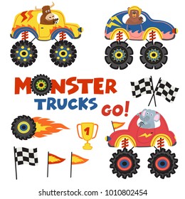 set of isolated monster trucks with animals part 2 - vector illustration, eps