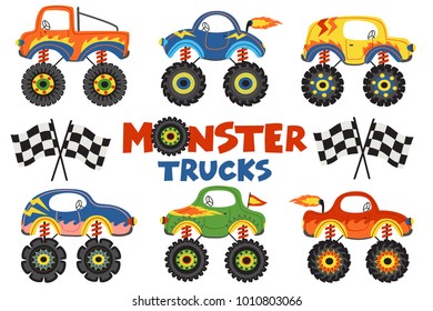 set of isolated monster trucks - vector illustration, eps