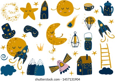 set of isolated moon and elements - vector illustration, eps