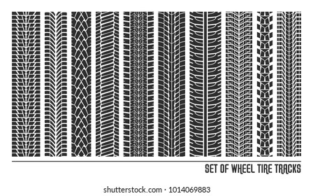 Set of isolated motorbike tyre or car tires, truck or lorry trail patterns. Asphalt or dirty road, automobile trace or off-road rubber stamp, protector path texture. Racing, motorsport, driving theme