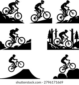 Set of isolated mountain biking silhouettes showing varied terrain interactions including steep slopes jumps and woodland.