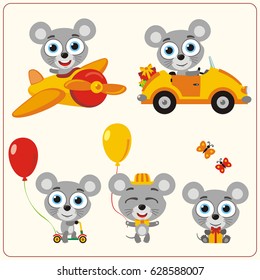 Set isolated mouse for holiday design: in airplane, car, with balloons and gifts.