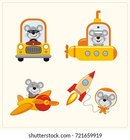 Set of isolated mouse in various transport: airplane, submarine, car, space rocket in cartoon style. 