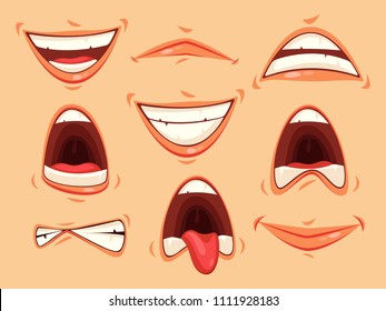 Set of isolated mouth with lips and teeth, tongue showing emotions of horror and happiness. Facial smile and mad or angry, furious mouth expression. Cartoon Man or woman feeling expression