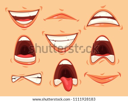 Set of isolated mouth with lips and teeth, tongue showing emotions of horror and happiness. Facial smile and mad or angry, furious mouth expression. Cartoon Man or woman feeling expression