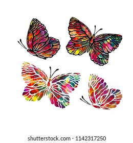 Set of isolated multicolored butterflies