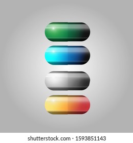 Set of isolated, multi-colored capsules on a gray, gradient background. Medical pills.