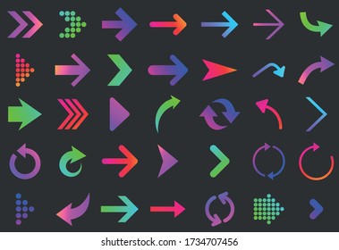 Set of isolated multicolored gradient arrows on black background. Straight, curved, rounded and dotted arrows. Vector illustration.