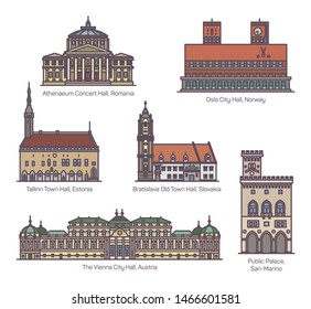 Set of isolated municipal architecture buildings of Europe. Athenaeum concert hall of Romania, Town hall of Estonia, City hall of Austria and Norway, Palazzo Pubblico in San Marino. Sightseeing places