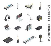 Set of isolated music recording studio gear icons with various musical instruments modules and mixing console vector illustration