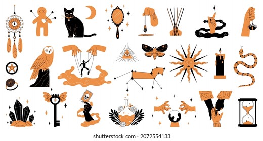 Set of isolated mystic boho color icons with totem animals marionettes and hands holding occult symbols vector illustration