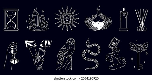 Set of isolated mystic boho icons with chalkboard monochrome images of snakes birds and candle symbols vector illustration