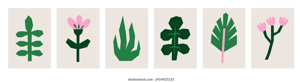 Set of isolated naive plants and flowers. Modern minimalist cards. Hand drawn floral colorful flat vector illustrations for web or interior design.