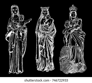 Set of Isolated nativity scene. Mary with the young Jesus Christ in her arms. Blackwork adult flesh tattoo concept of Virgin Mary carrying the baby Jesus. Vector.