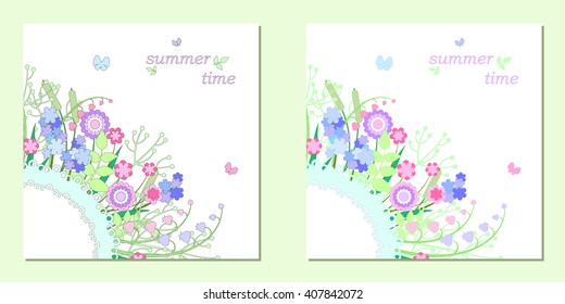 Set of isolated natural cards or brochures. Bouquet of vector abstract flowers with leaves and twigs. Vector illustration