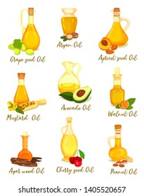 Set of isolated natural oil for cooking and body care, organic food. Bottles with grape and apricot, cherry seed oily liquid, jar with mustard and argan, walnut, agar wood, peanut essence. Nutrition