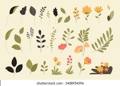 Set of isolated nature elements. Flat design vector illustrations for graphic and web design. Flowers and leaves for beauty, cosmetics, spa, wellness, natural products.