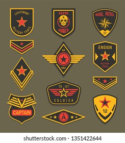 Set of isolated navy clothing badges or army apparel signs, naval insignia with ribbon and star, military ranger patch or rank, american soldier crest or america air force clothing tag. War, military