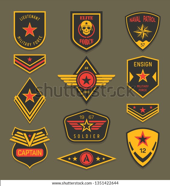 Set of isolated navy clothing badges or army\
apparel signs, naval insignia with ribbon and star, military ranger\
patch or rank, american soldier crest or america air force clothing\
tag. War, military