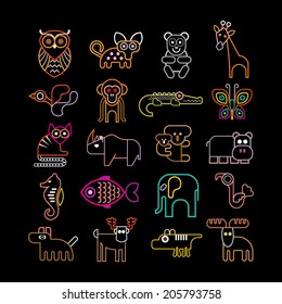 Set of isolated neon animal icons. Isolated on black background. Animals, birds and fishes.