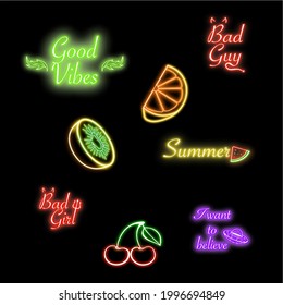 A set of isolated neon signs . Picture, postcard, wallpaper, poster, sticker, banner, background, cover, Image, Logo, pattern.