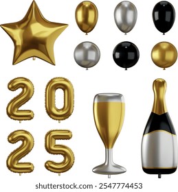 Conjunto de globos aislados del partido de la víspera de Año Nuevo. Globos de helio de año nuevo 2025. globo en forma de estrella, globo en forma de botella de champán y globo en forma de copa de champán.