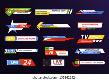 Set of isolated news logo or live hd tv broadcast, web stream or channel icon design, television show banner or breaking world or global news, streaming website banner. Video sign and headline tag