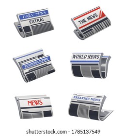 Set of isolated newspaper icon. Paper media with world, business, breaking, daily news. Broadsheet with headlines. Latest newsletter. Folded press or morning gazette. Read and publisher theme