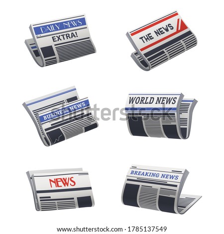 Set of isolated newspaper icon. Paper media with world, business, breaking, daily news. Broadsheet with headlines. Latest newsletter. Folded press or morning gazette. Read and publisher theme