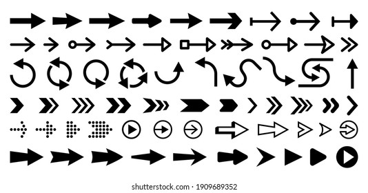 Set of isolated next or right move arrows. Play buttons for website. Undo and redo symbols. Directional vector icon for software design. Circle sign for update or refresh. Navigation pointer.Pictogram