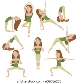 Set of isolated nine brown hair girls in sport clothes doing yoga poses vector cartoon illustration