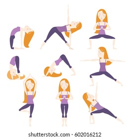 Set of isolated nine red hair girls in sport clothes doing yoga poses vector cartoon illustration