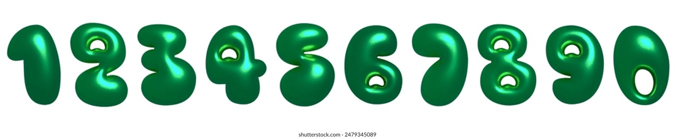 Set of isolated numbers. Green metallic letter. number balloons. Foil symbol. Blue metallic 3D, realistic vector illustration.
