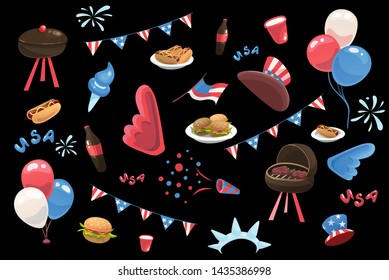 Set of isolated objects for 4th of July. Independence Day of America. Cartoon flat vector illustrations on black background