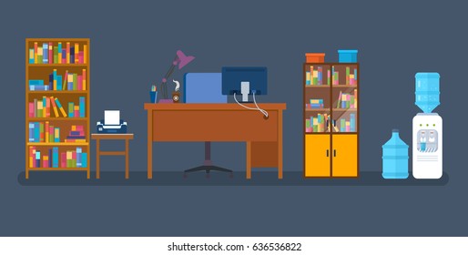 Set of isolated objects: bookcase with a literature, a cabinet with a printer, a workplace, a table with appliances, a cooler with water, a rack, for creating an office interior. Vector illustration.