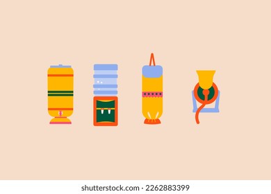 Set of isolated objects of a Brazilian cuisine. Clay and water filter, coffee grinder.