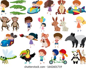 Set of isolated objects of children and animals illustration