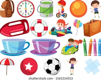 Set of isolated objects with children and balls illustration