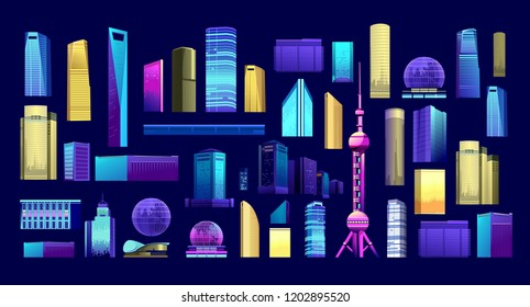 Set of isolated objects. City buildings and structures multi-storey houses on a blue background.