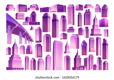 Set of isolated objects. City buildings and structures of multi-storey houses isolated on white background.
