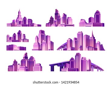 Set of isolated objects. City buildings and structures of multi-storey houses isolated on white background.