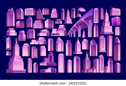 Set of isolated objects. City buildings and structures multi-storey houses on a blue background.